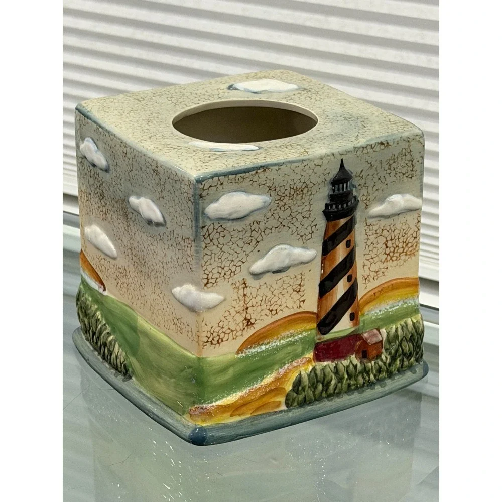 Lighthouse Tissue Box Cover Ceramic 3D Beach Nautical Coastal
